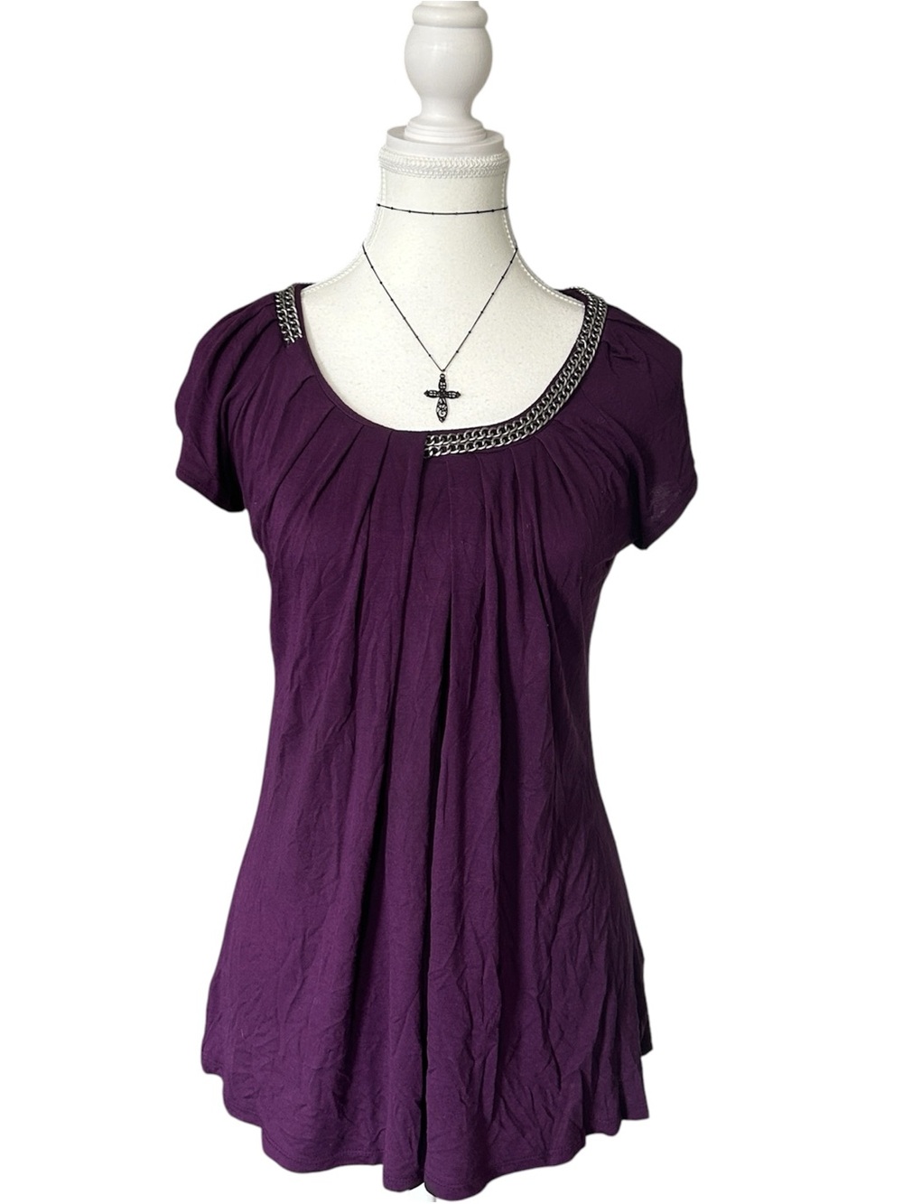 Y2K “Fylo” Purple Short Sleeve Flowy Top with Chain Detailing on Neckline